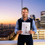 **

A triumphant electrical engineer stands before a newly completed, brightly lit modern building at dusk. He's holding an architectural drawing, smiling confidently. In the background, the city skyline glitters. The overall mood is one of success and accomplishment, emphasizing the impact of the "Architectural Electrical Engineer" certification.

**