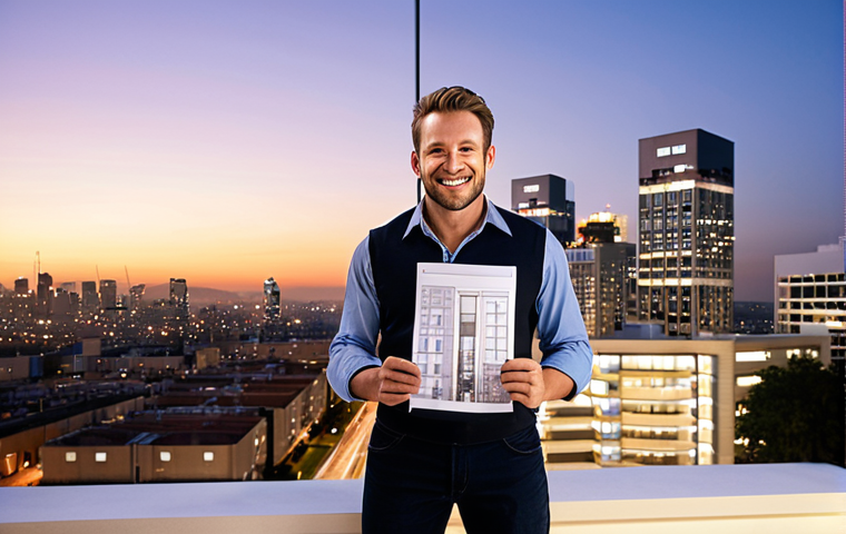 **
A triumphant electrical engineer stands before a newly completed, brightly lit modern building at dusk. He's holding an architectural drawing, smiling confidently. In the background, the city skyline glitters. The overall mood is one of success and accomplishment, emphasizing the impact of the "Architectural Electrical Engineer" certification.
**