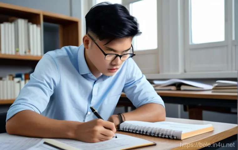 건축전기설비기사 최신 기출문제 다운로드 방법 - A focused East Asian male student, in his late 20s, sits at a meticulously organized study desk, dee...