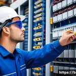 건축전기설비기사와 연계 가능한 추가 자격증 - A professional male electrical engineer wearing safety glasses and a blue work uniform, confidently ...