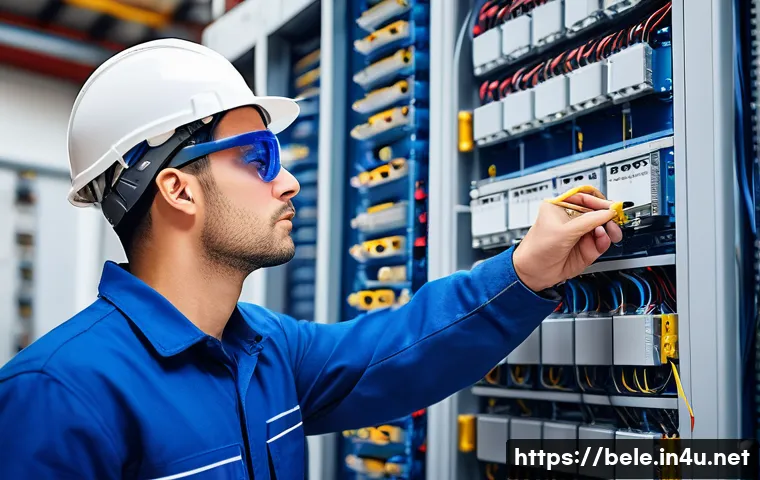 건축전기설비기사와 연계 가능한 추가 자격증 - A professional male electrical engineer wearing safety glasses and a blue work uniform, confidently ...