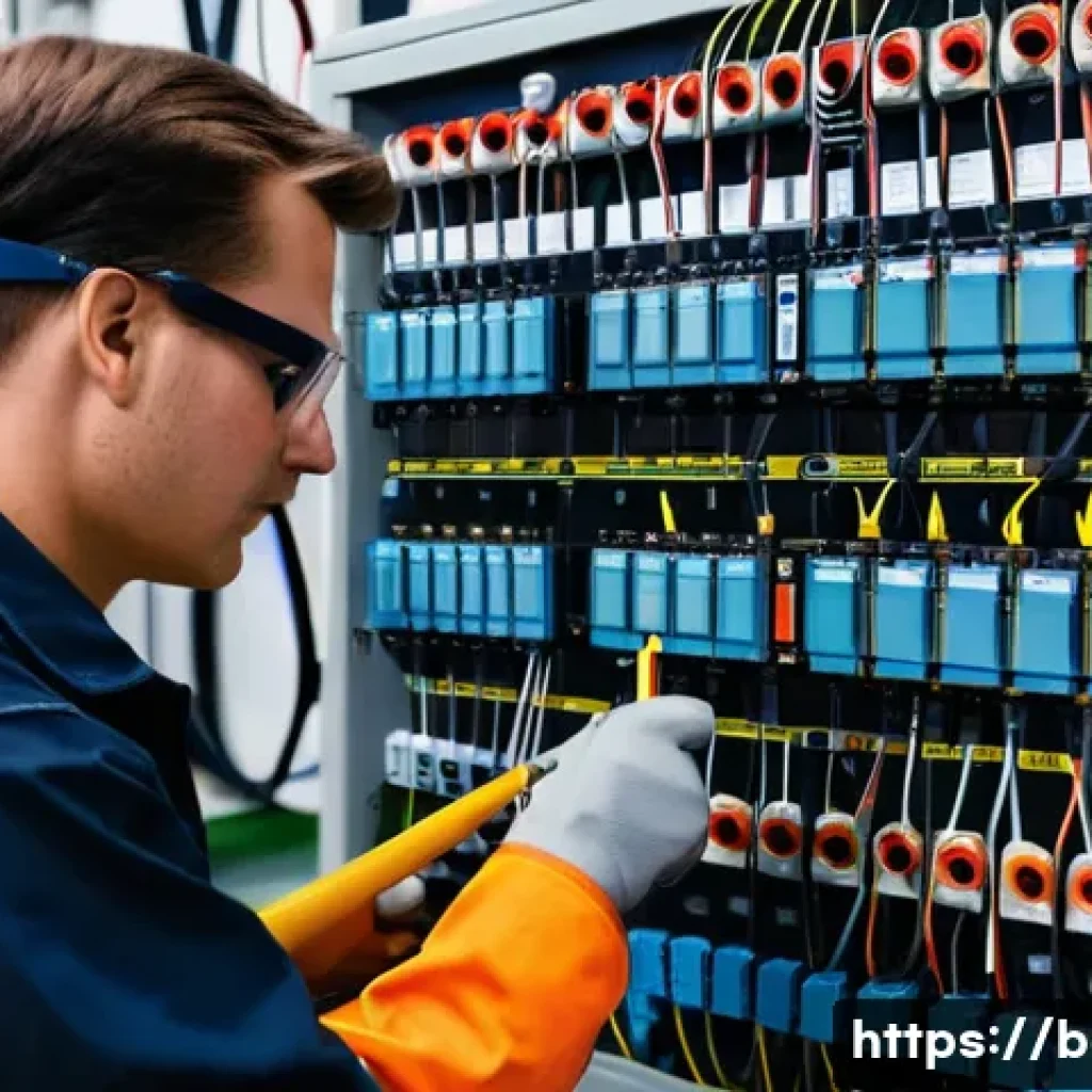 건축전기설비기사 업무 중 발생하는 문제 해결법 - A detailed industrial scene inside an electrical facility showing a technician wearing insulated glo...