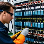 건축전기설비기사 업무 중 발생하는 문제 해결법 - A detailed industrial scene inside an electrical facility showing a technician wearing insulated glo...