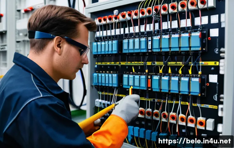 건축전기설비기사 업무 중 발생하는 문제 해결법 - A detailed industrial scene inside an electrical facility showing a technician wearing insulated glo...