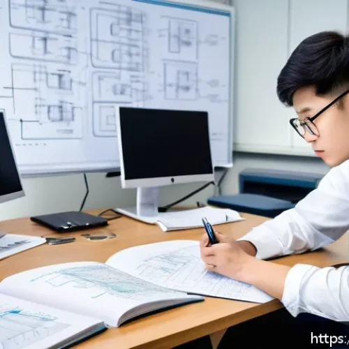 건축전기설비기사 경력 개발 로드맵 - A focused young engineer studying electrical engineering theory with open textbooks and notes spread...