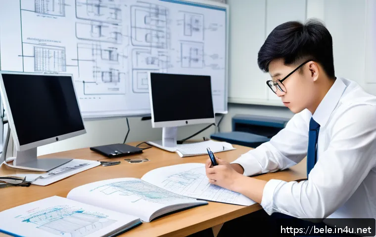 건축전기설비기사 경력 개발 로드맵 - A focused young engineer studying electrical engineering theory with open textbooks and notes spread...
