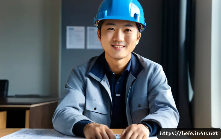 건축전기설비기사 합격자 후기 인터뷰 - Photorealistic interview portrait of a confident young electrical building facilities engineer seate...